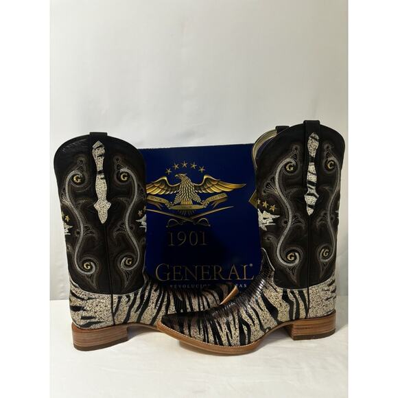 El General Cowboy Boots Mens Sz 8 Tiger Stripe Lizard Skin Exotic Leather Brown - Picture 4 of 16